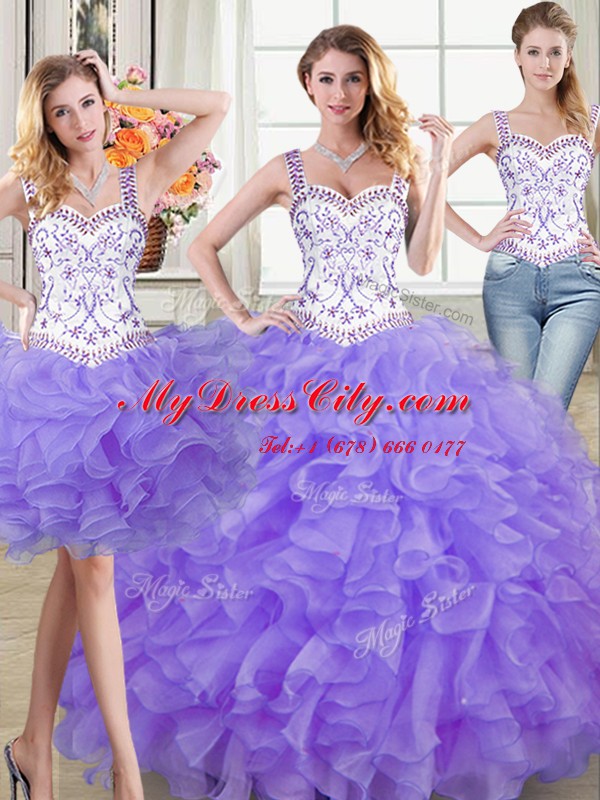 Lavender Ball Gowns Straps Sleeveless Organza Floor Length Lace Up Beading and Lace and Ruffles Quinceanera Gowns