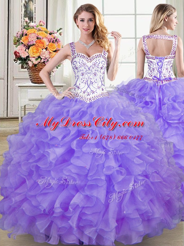 Lavender Ball Gowns Straps Sleeveless Organza Floor Length Lace Up Beading and Lace and Ruffles Quinceanera Gowns