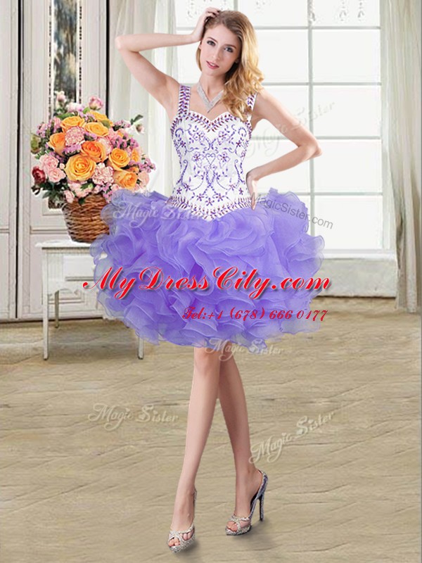 Lavender Ball Gowns Straps Sleeveless Organza Floor Length Lace Up Beading and Lace and Ruffles Quinceanera Gowns