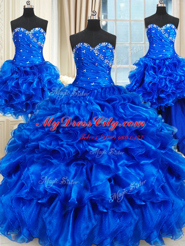 Four Piece Floor Length Ball Gowns Sleeveless Royal Blue Quince Ball Gowns Lace Up