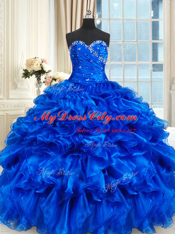 Four Piece Floor Length Ball Gowns Sleeveless Royal Blue Quince Ball Gowns Lace Up