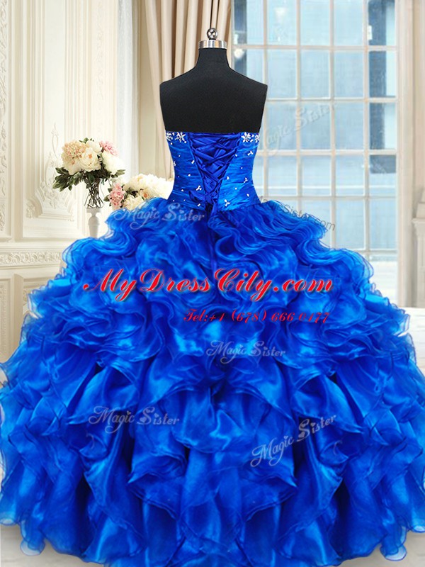 Four Piece Floor Length Ball Gowns Sleeveless Royal Blue Quince Ball Gowns Lace Up