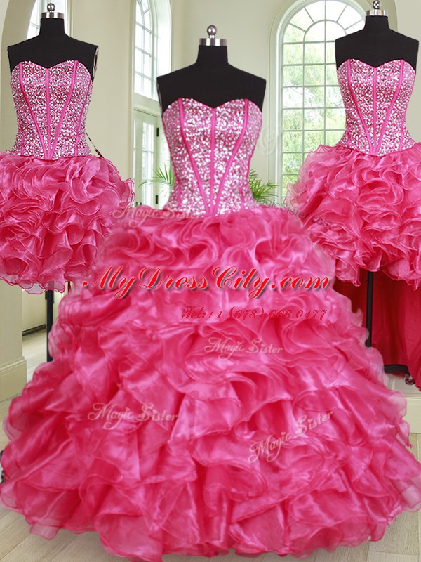 Classical Four Piece Sleeveless Floor Length Beading and Ruffles Lace Up Quince Ball Gowns with Hot Pink