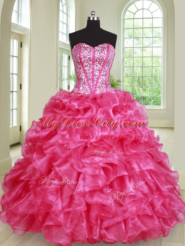 Classical Four Piece Sleeveless Floor Length Beading and Ruffles Lace Up Quince Ball Gowns with Hot Pink