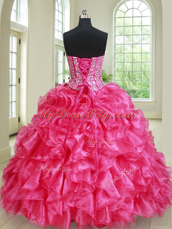 Classical Four Piece Sleeveless Floor Length Beading and Ruffles Lace Up Quince Ball Gowns with Hot Pink