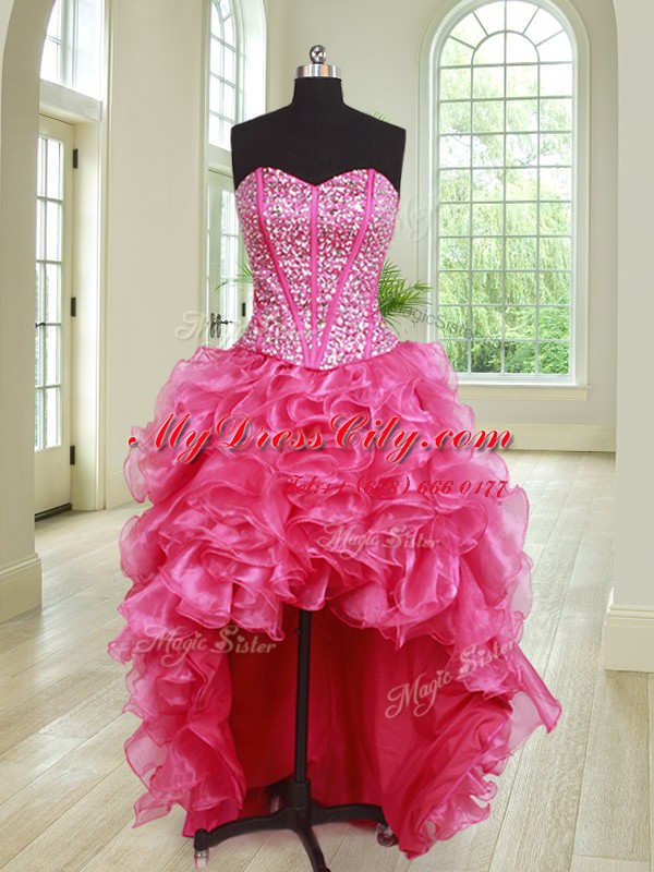 Classical Four Piece Sleeveless Floor Length Beading and Ruffles Lace Up Quince Ball Gowns with Hot Pink