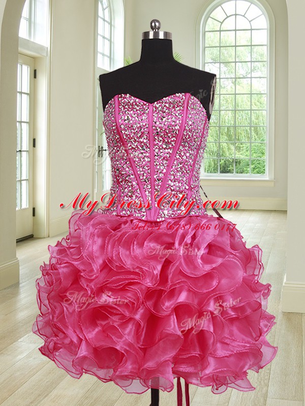 Classical Four Piece Sleeveless Floor Length Beading and Ruffles Lace Up Quince Ball Gowns with Hot Pink