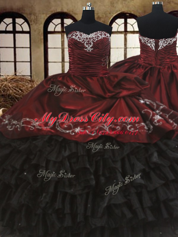 Floor Length Lace Up 15 Quinceanera Dress Red And Black for Military Ball and Sweet 16 and Quinceanera with Beading and Embroidery and Ruffled Layers