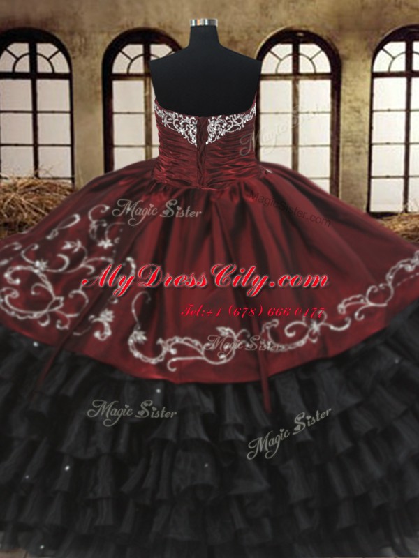 Floor Length Lace Up 15 Quinceanera Dress Red And Black for Military Ball and Sweet 16 and Quinceanera with Beading and Embroidery and Ruffled Layers