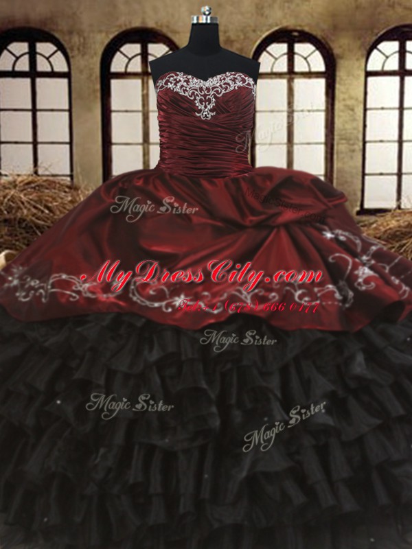 Floor Length Lace Up 15 Quinceanera Dress Red And Black for Military Ball and Sweet 16 and Quinceanera with Beading and Embroidery and Ruffled Layers