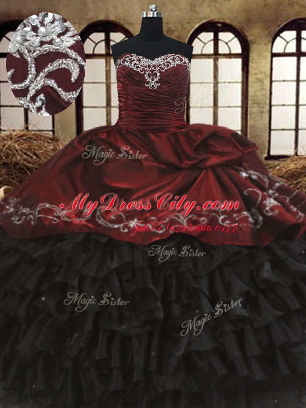 Floor Length Lace Up 15 Quinceanera Dress Red And Black for Military Ball and Sweet 16 and Quinceanera with Beading and Embroidery and Ruffled Layers