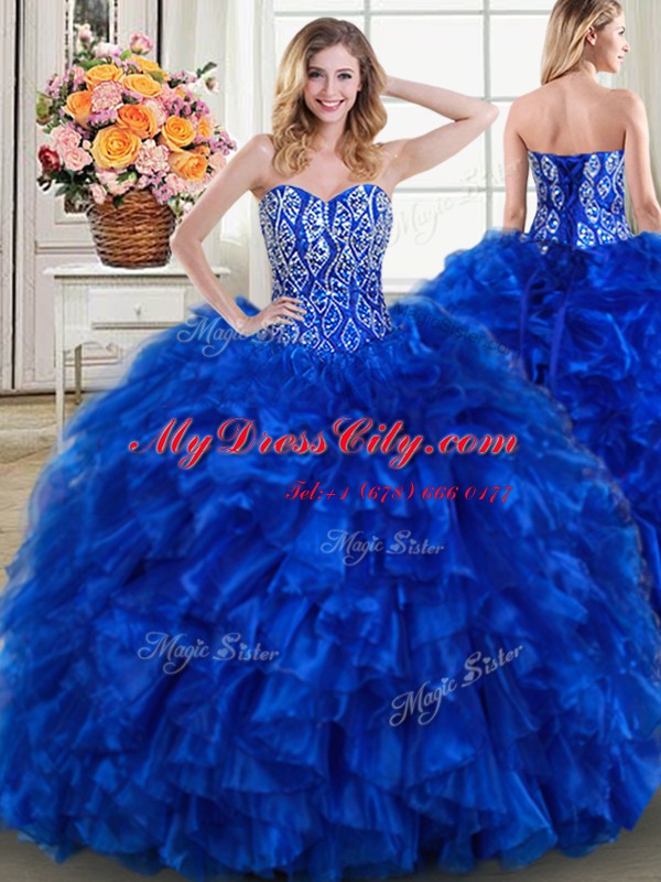 Suitable Royal Blue Organza Lace Up 15 Quinceanera Dress Sleeveless With Brush Train Beading and Ruffles