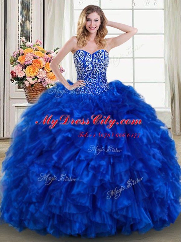 Suitable Royal Blue Organza Lace Up 15 Quinceanera Dress Sleeveless With Brush Train Beading and Ruffles