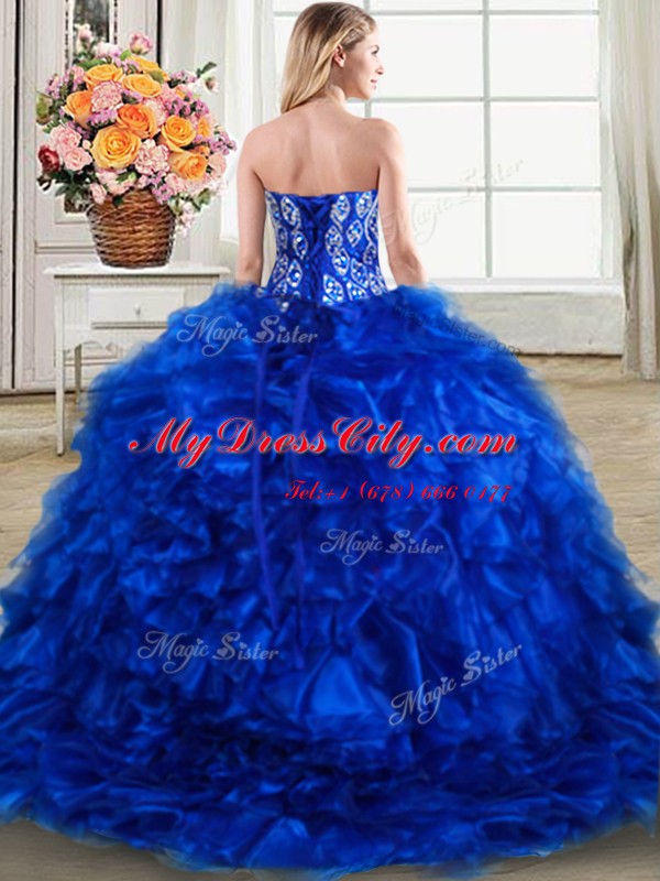 Suitable Royal Blue Organza Lace Up 15 Quinceanera Dress Sleeveless With Brush Train Beading and Ruffles