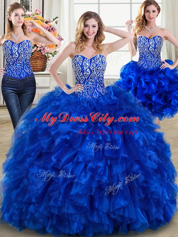 Three Piece Sweetheart Sleeveless Organza Sweet 16 Dresses Beading and Ruffles Brush Train Lace Up