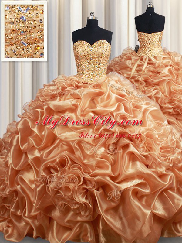 Chic Champagne Sweetheart Neckline Beading and Ruffles and Pick Ups Quinceanera Gowns Sleeveless Lace Up