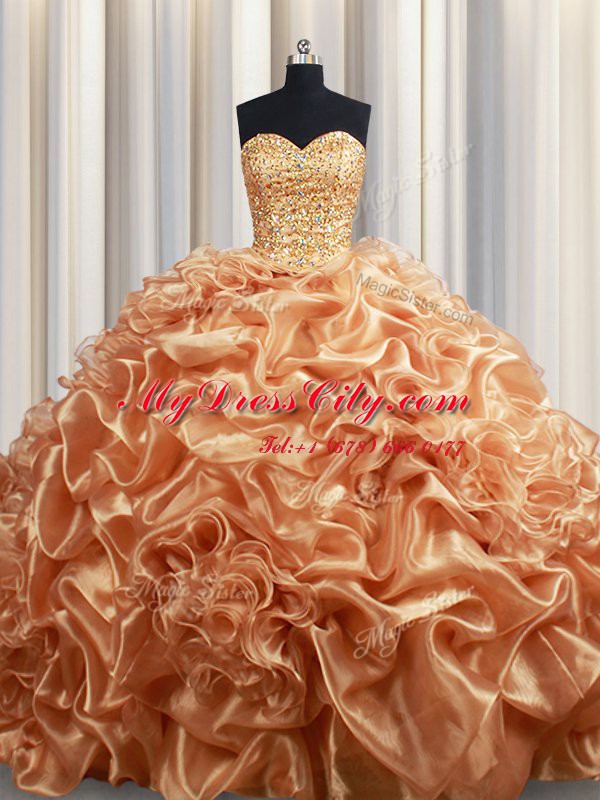 Chic Champagne Sweetheart Neckline Beading and Ruffles and Pick Ups Quinceanera Gowns Sleeveless Lace Up