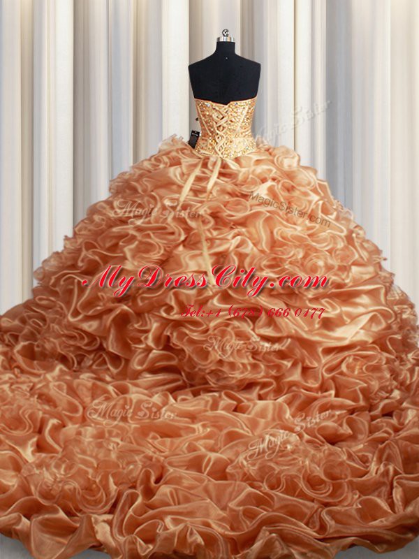 Chic Champagne Sweetheart Neckline Beading and Ruffles and Pick Ups Quinceanera Gowns Sleeveless Lace Up