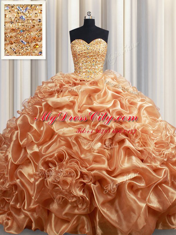 Chic Champagne Sweetheart Neckline Beading and Ruffles and Pick Ups Quinceanera Gowns Sleeveless Lace Up