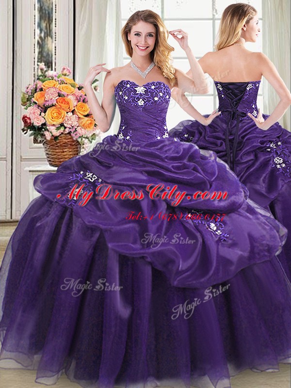 Top Selling Pick Ups Purple Sleeveless Organza Lace Up Quinceanera Gowns for Military Ball and Sweet 16 and Quinceanera