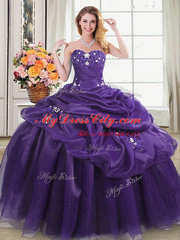 Top Selling Pick Ups Purple Sleeveless Organza Lace Up Quinceanera Gowns for Military Ball and Sweet 16 and Quinceanera