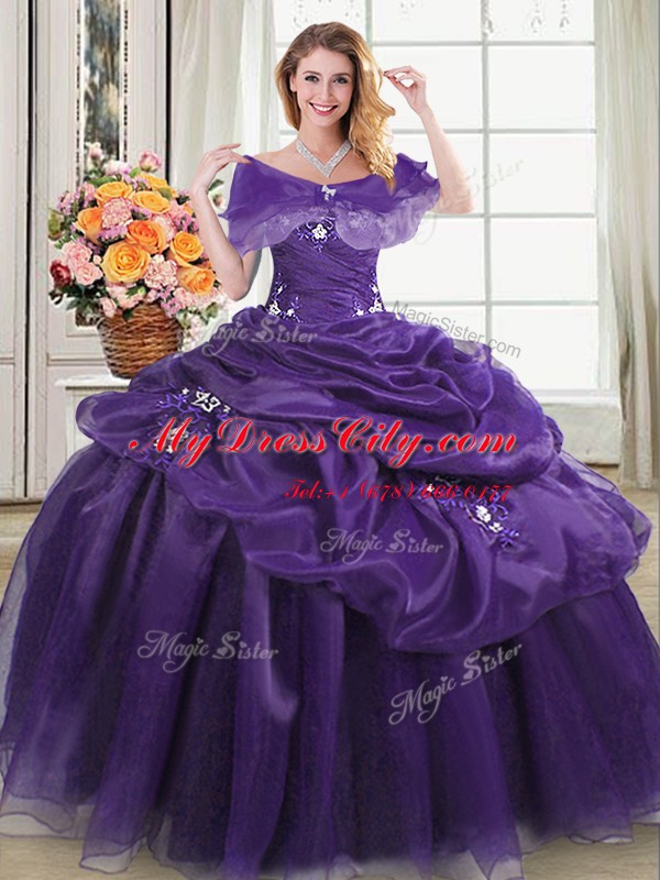 Top Selling Pick Ups Purple Sleeveless Organza Lace Up Quinceanera Gowns for Military Ball and Sweet 16 and Quinceanera