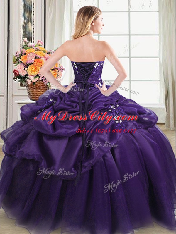 Top Selling Pick Ups Purple Sleeveless Organza Lace Up Quinceanera Gowns for Military Ball and Sweet 16 and Quinceanera