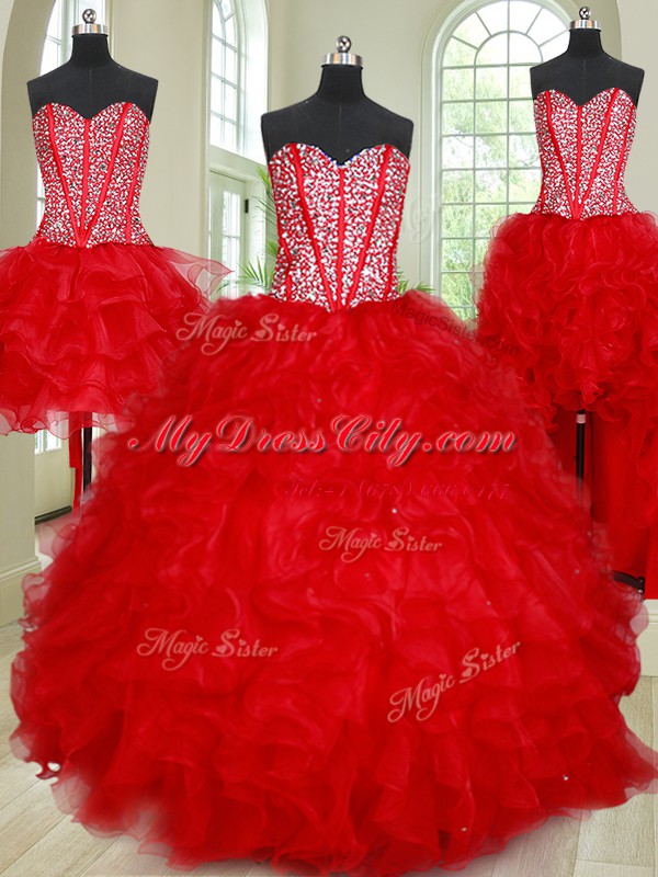 Clearance Four Piece Red Sleeveless Floor Length Beading and Ruffles Lace Up Sweet 16 Quinceanera Dress