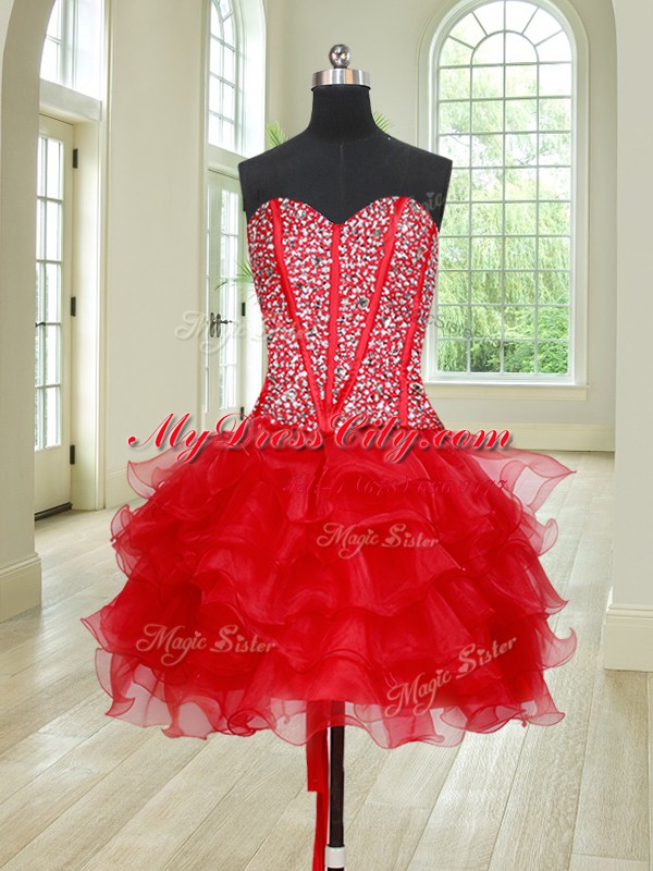 Clearance Four Piece Red Sleeveless Floor Length Beading and Ruffles Lace Up Sweet 16 Quinceanera Dress