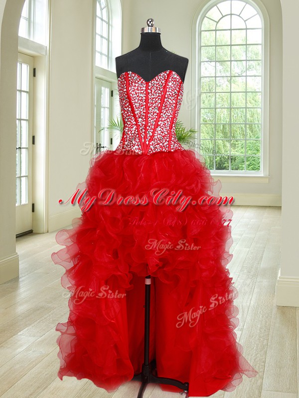 Clearance Four Piece Red Sleeveless Floor Length Beading and Ruffles Lace Up Sweet 16 Quinceanera Dress