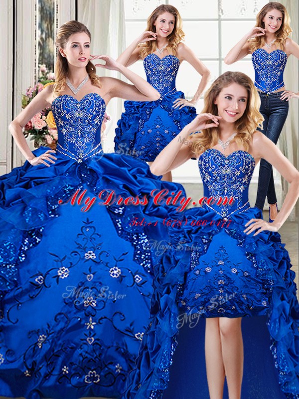 Four Piece Pick Ups Royal Blue Sleeveless Organza and Taffeta Lace Up Quinceanera Dresses for Military Ball and Sweet 16 and Quinceanera