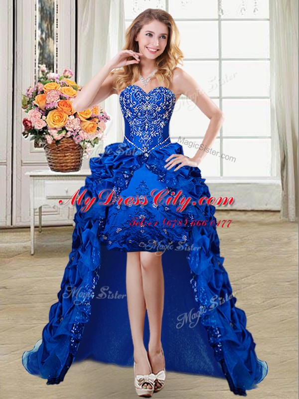 Four Piece Pick Ups Royal Blue Sleeveless Organza and Taffeta Lace Up Quinceanera Dresses for Military Ball and Sweet 16 and Quinceanera