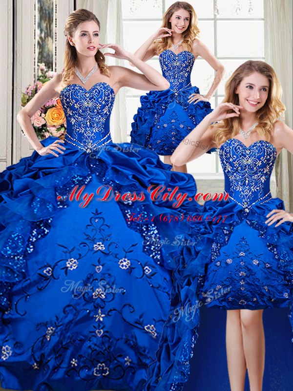 Four Piece Pick Ups Royal Blue Sleeveless Organza and Taffeta Lace Up Quinceanera Dresses for Military Ball and Sweet 16 and Quinceanera