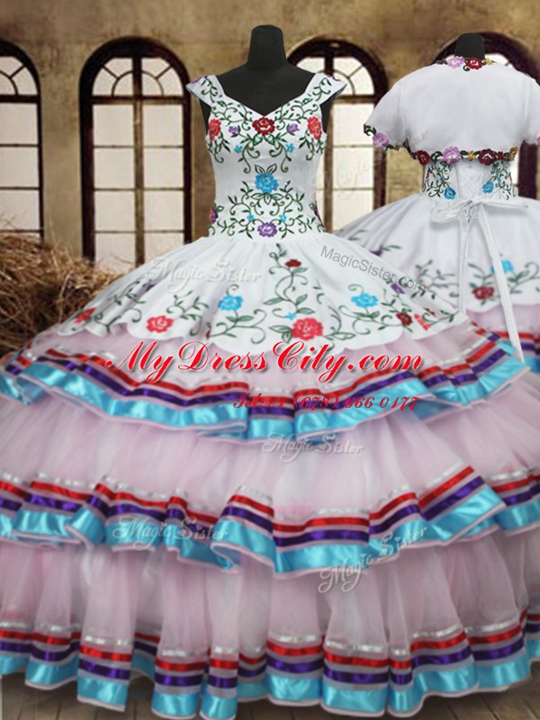 Low Price Straps Sleeveless Organza and Taffeta Sweet 16 Dress Embroidery and Ruffled Layers Lace Up