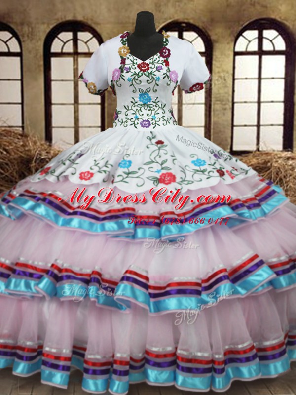 Low Price Straps Sleeveless Organza and Taffeta Sweet 16 Dress Embroidery and Ruffled Layers Lace Up