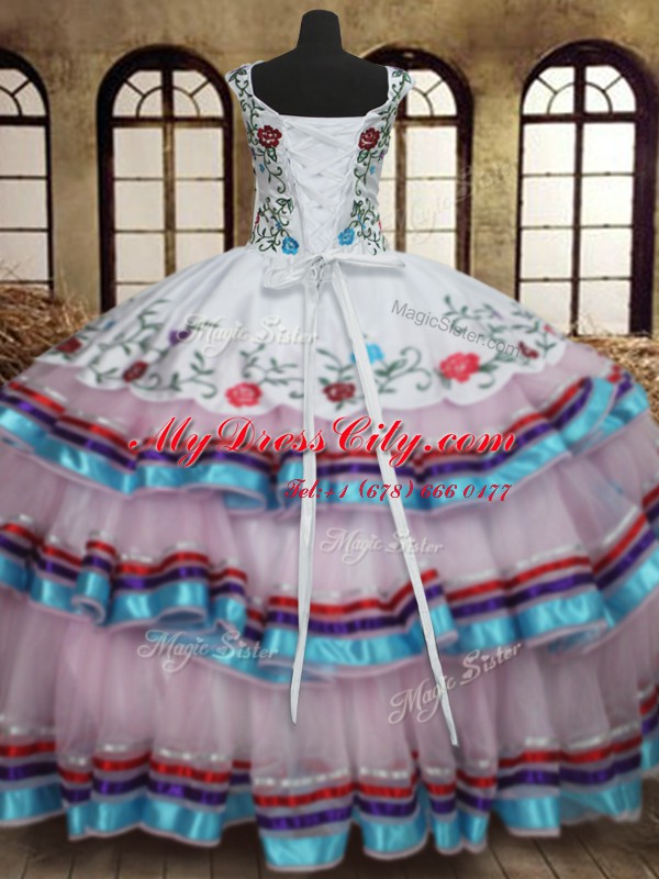 Low Price Straps Sleeveless Organza and Taffeta Sweet 16 Dress Embroidery and Ruffled Layers Lace Up