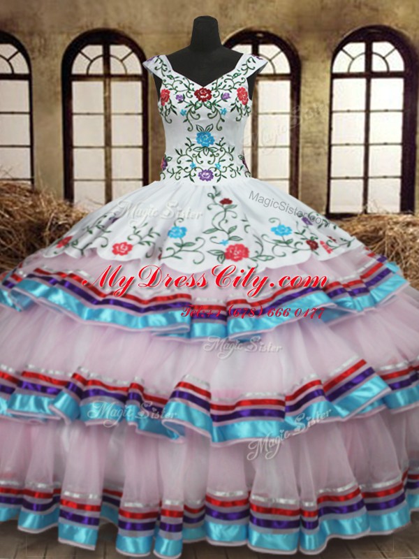 Low Price Straps Sleeveless Organza and Taffeta Sweet 16 Dress Embroidery and Ruffled Layers Lace Up