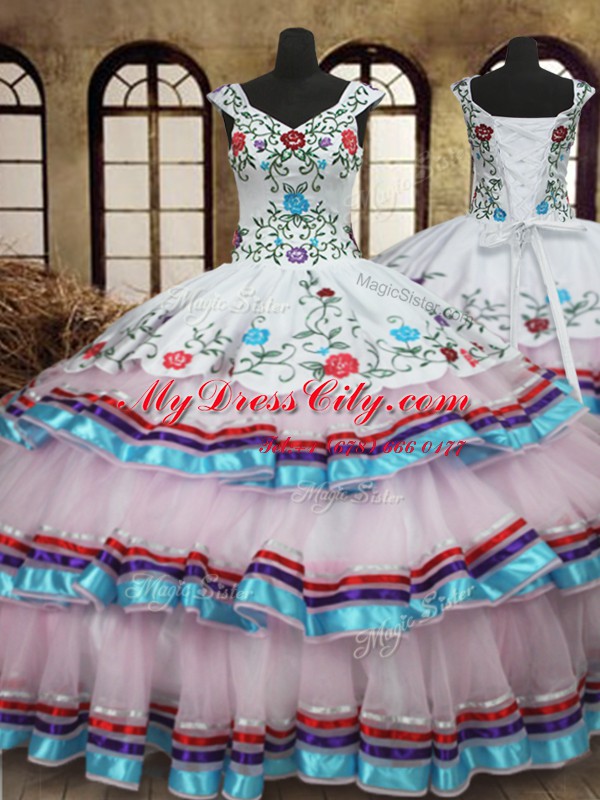 Low Price Straps Sleeveless Organza and Taffeta Sweet 16 Dress Embroidery and Ruffled Layers Lace Up