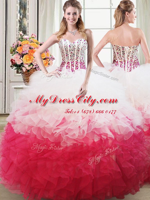 Pink And White Organza Lace Up Sweet 16 Dress Sleeveless Floor Length Beading and Ruffles