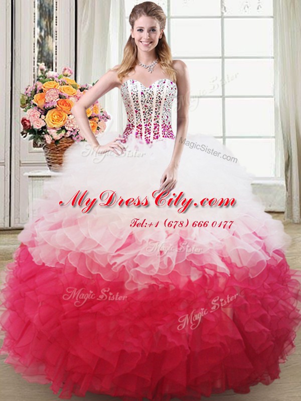 Pink And White Organza Lace Up Sweet 16 Dress Sleeveless Floor Length Beading and Ruffles