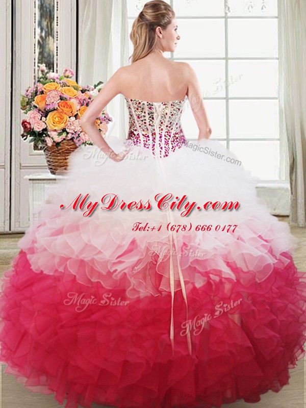 Pink And White Organza Lace Up Sweet 16 Dress Sleeveless Floor Length Beading and Ruffles