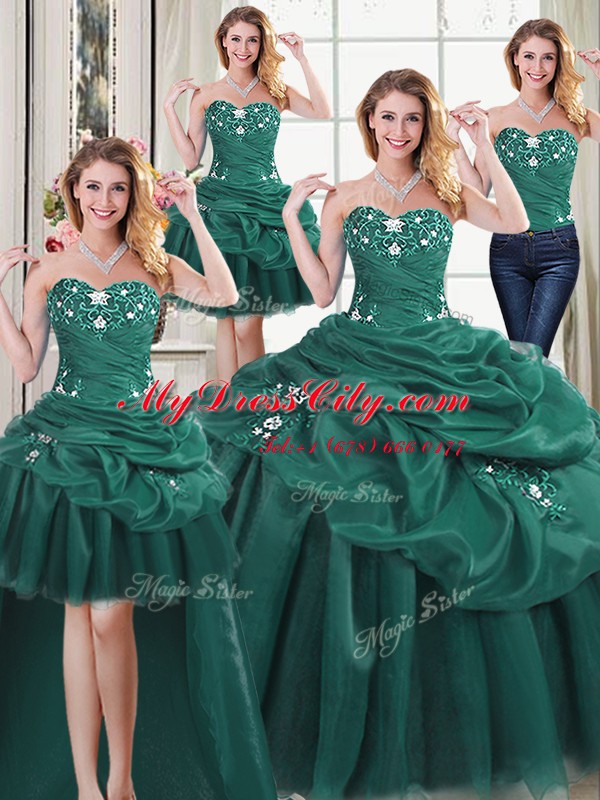 Four Piece Pick Ups Dark Green Sleeveless Organza Lace Up Quinceanera Dress for Military Ball and Sweet 16 and Quinceanera