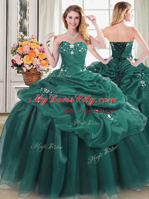 Four Piece Pick Ups Dark Green Sleeveless Organza Lace Up Quinceanera Dress for Military Ball and Sweet 16 and Quinceanera