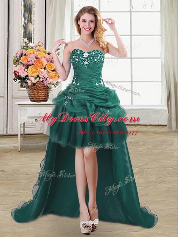 Four Piece Pick Ups Dark Green Sleeveless Organza Lace Up Quinceanera Dress for Military Ball and Sweet 16 and Quinceanera