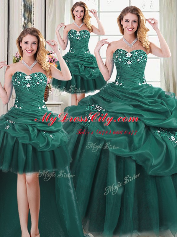 Four Piece Pick Ups Dark Green Sleeveless Organza Lace Up Quinceanera Dress for Military Ball and Sweet 16 and Quinceanera