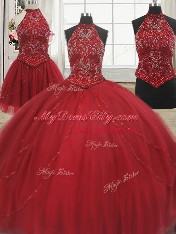 Classical Three Piece Halter Top Red Ball Gowns Beading Quinceanera Gowns Lace Up Tulle Sleeveless With Train