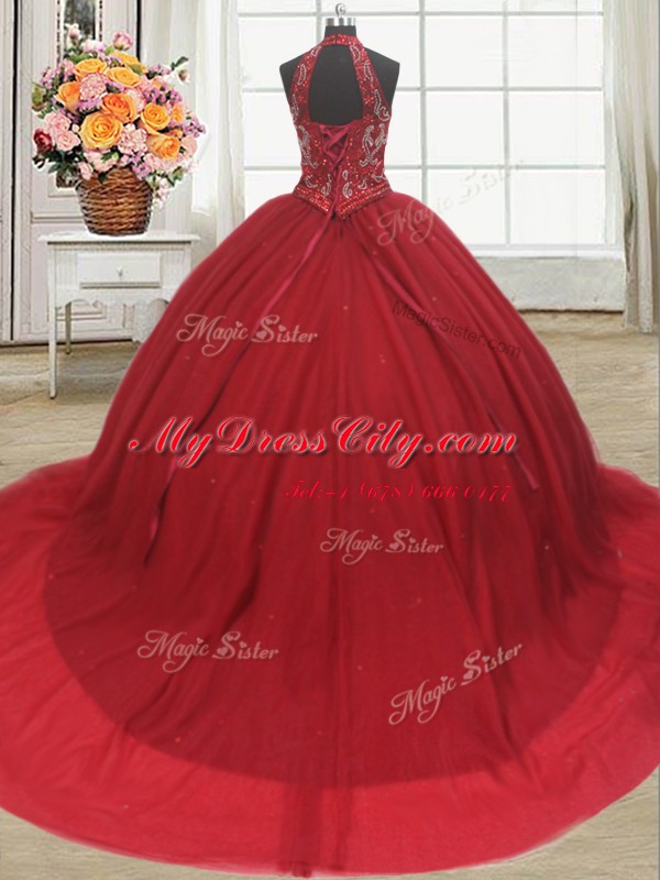 Classical Three Piece Halter Top Red Ball Gowns Beading Quinceanera Gowns Lace Up Tulle Sleeveless With Train