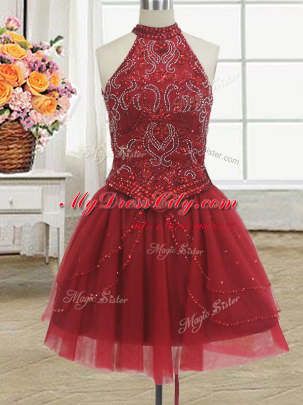 Classical Three Piece Halter Top Red Ball Gowns Beading Quinceanera Gowns Lace Up Tulle Sleeveless With Train