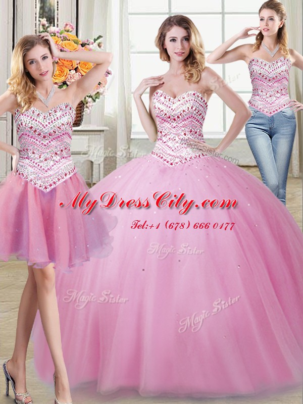 Fancy Three Piece Rose Pink Sleeveless Beading Floor Length Ball Gown Prom Dress