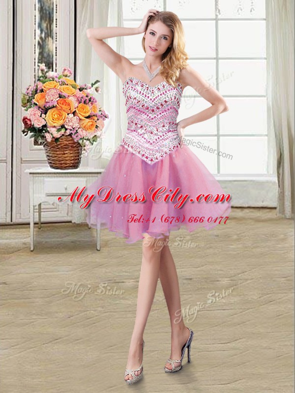 Fancy Three Piece Rose Pink Sleeveless Beading Floor Length Ball Gown Prom Dress